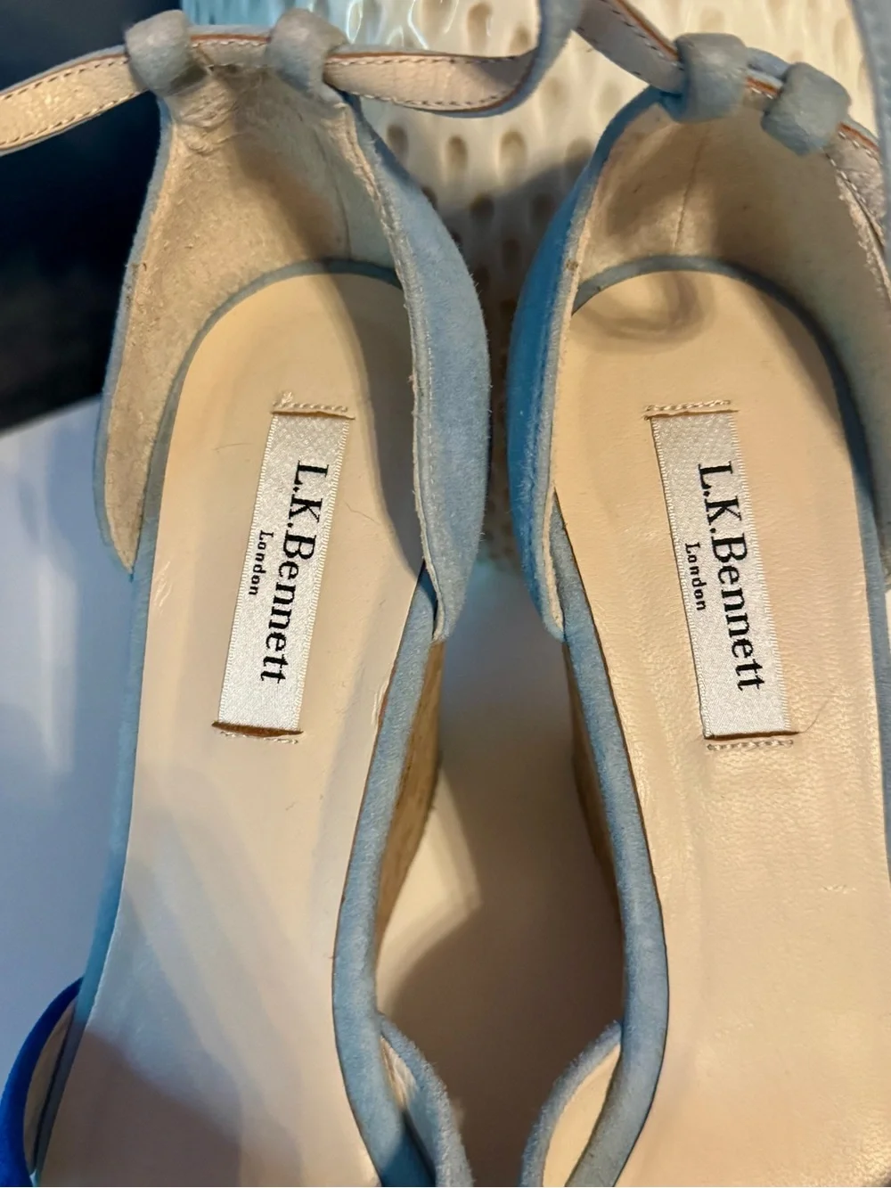 L.K. Bennett Suede Blue Strappy Wedge Sandal Shies. Brand New. Size 39.5 US 8